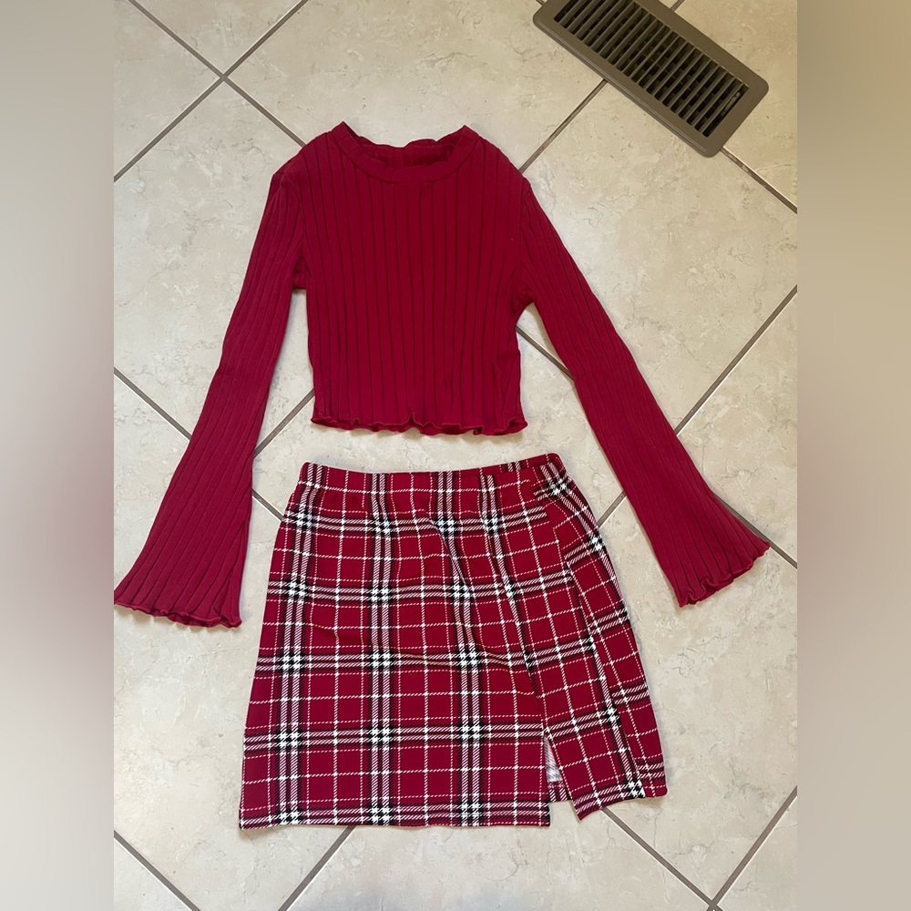 Red and plaid crop top and skirt set